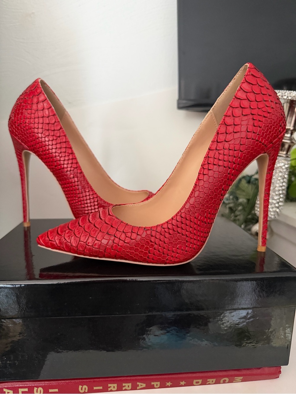 Red Textured Pointed-Toe Stiletto Pumps - Women's Shoes